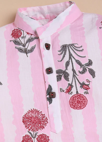 Boys Pure Cotton Jaipuri Floral Printed Full Sleeve Kurta and Pajama Ethnic Set - Pink