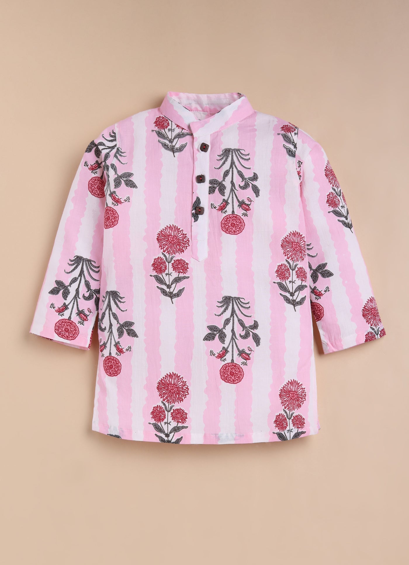Boys Pure Cotton Jaipuri Floral Printed Full Sleeve Kurta and Pajama Ethnic Set - Pink