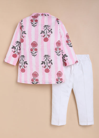 Boys Pure Cotton Jaipuri Floral Printed Full Sleeve Kurta and Pajama Ethnic Set - Pink