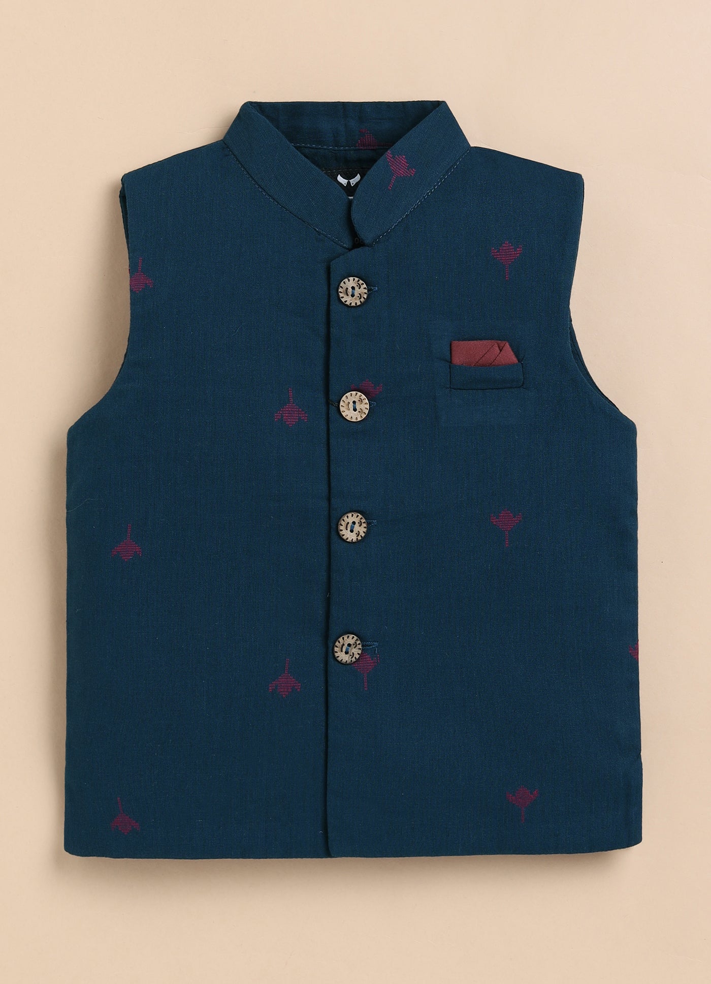 Boys Pure Cotton Woven Butta Fabric Nehru Jacket,Full Sleeve Kurta and Pajama Ethnic Set - Blue