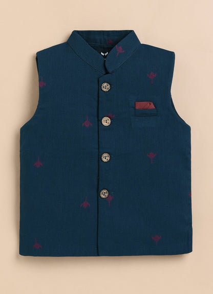 Boys Pure Cotton Woven Butta Fabric Nehru Jacket,Full Sleeve Kurta and Pajama Ethnic Set - Blue