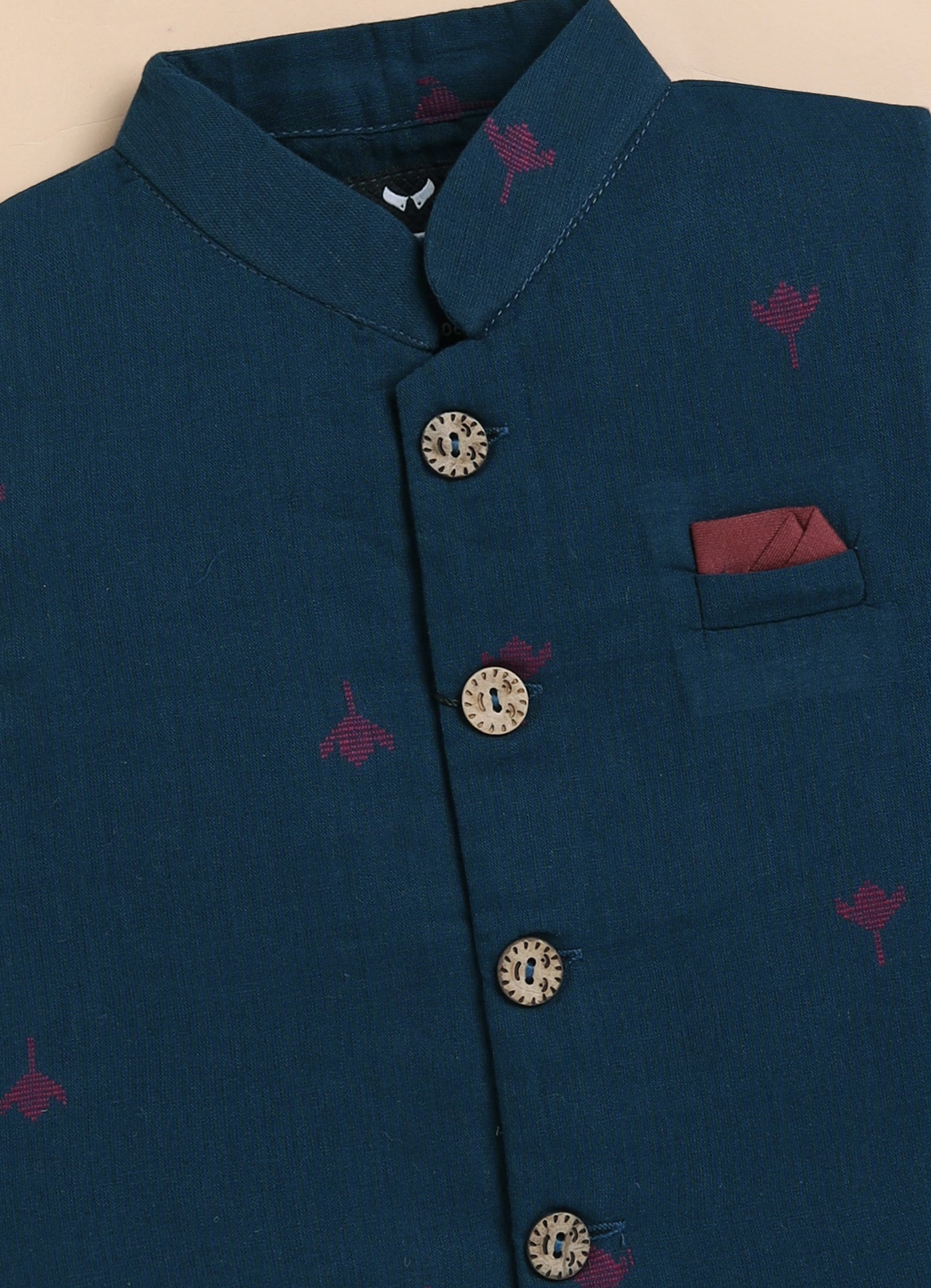 Boys Pure Cotton Woven Butta Fabric Nehru Jacket,Full Sleeve Kurta and Pajama Ethnic Set - Blue