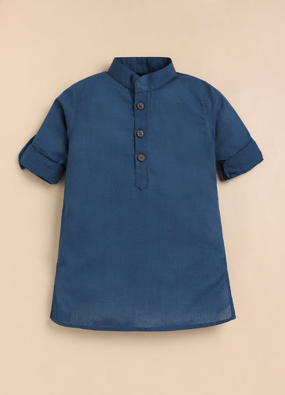 Boys Pure Cotton Woven Butta Fabric Nehru Jacket,Full Sleeve Kurta and Pajama Ethnic Set - Blue