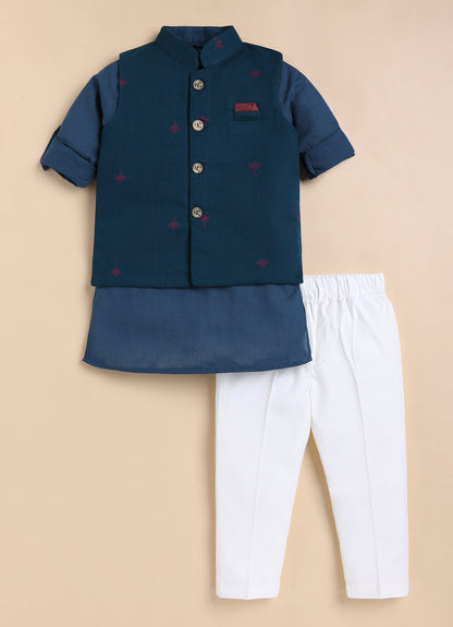 Boys Pure Cotton Woven Butta Fabric Nehru Jacket,Full Sleeve Kurta and Pajama Ethnic Set - Blue