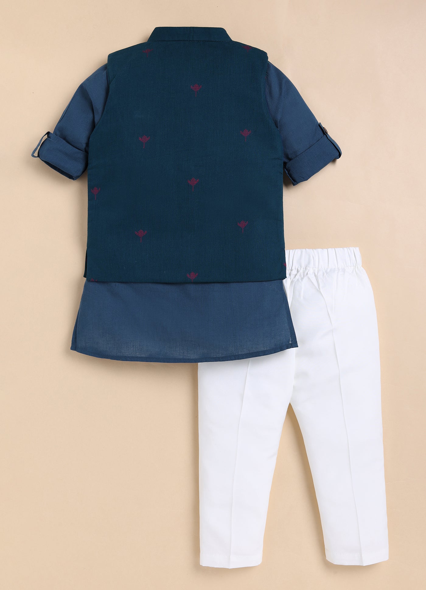 Boys Pure Cotton Woven Butta Fabric Nehru Jacket,Full Sleeve Kurta and Pajama Ethnic Set - Blue