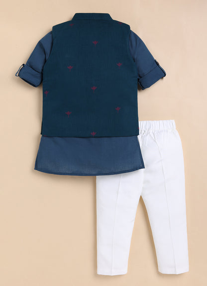 Boys Pure Cotton Woven Butta Fabric Nehru Jacket,Full Sleeve Kurta and Pajama Ethnic Set - Blue