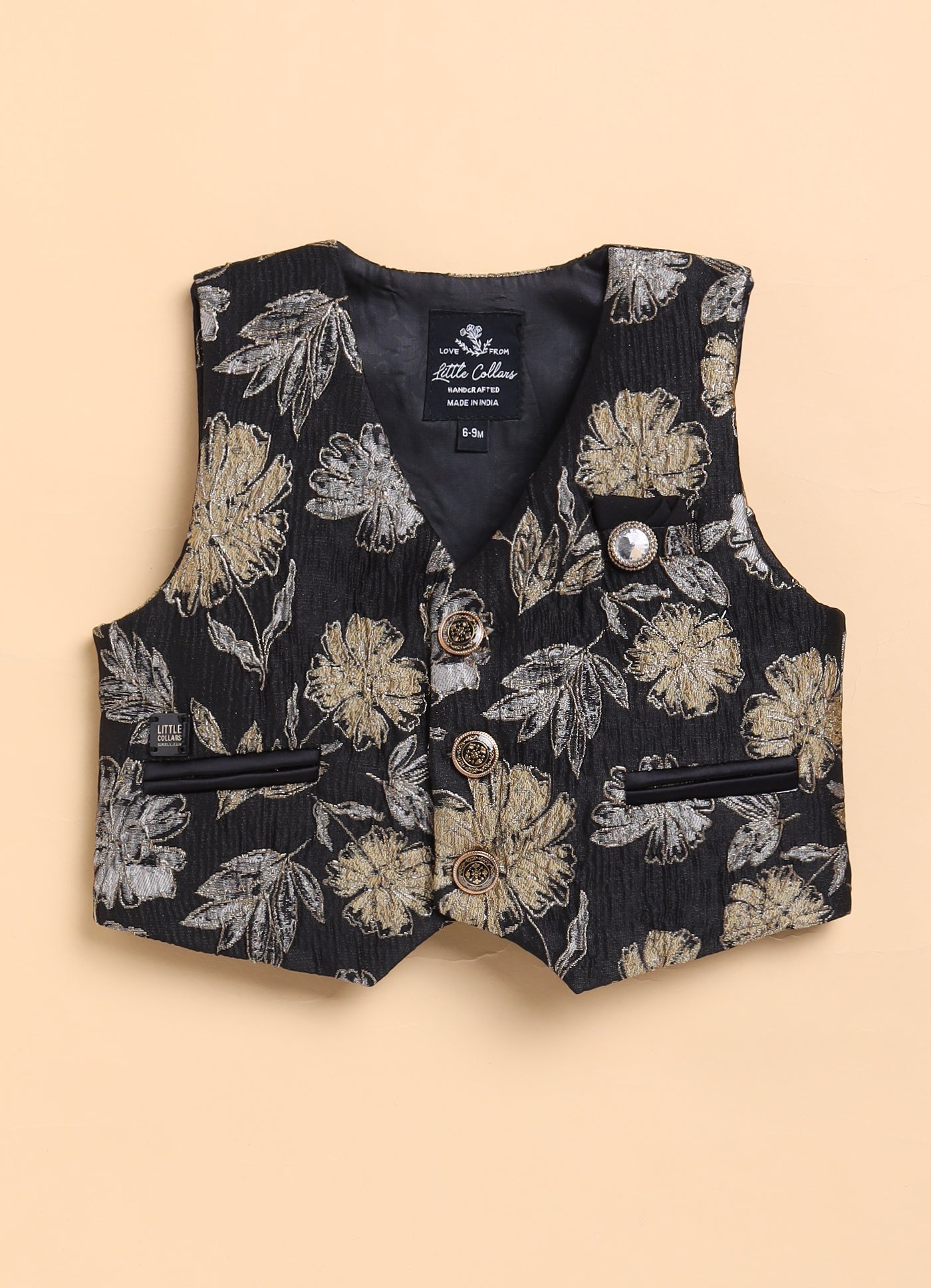 Jaquard Woven Full Sleeves Floral Waistcoat Pant with Shirt Bow and Brooch Jacket Set- Gold