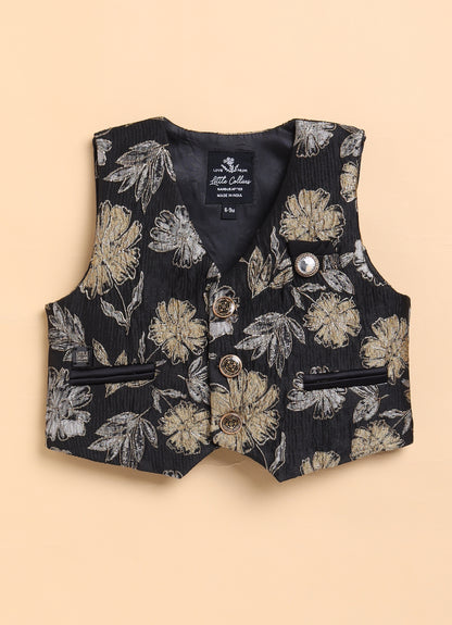 Jaquard Woven Full Sleeves Floral Waistcoat Pant with Shirt Bow and Brooch Jacket Set- Gold