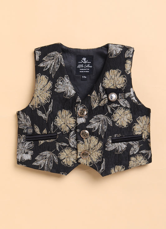 Jaquard Woven Full Sleeves Floral Waistcoat Pant with Shirt Bow and Brooch Jacket Set- Gold