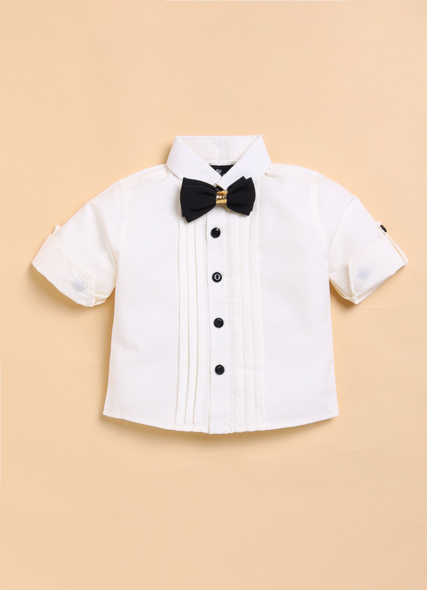 Jaquard Woven Full Sleeves Floral Waistcoat Pant with Shirt Bow and Brooch Jacket Set- Gold