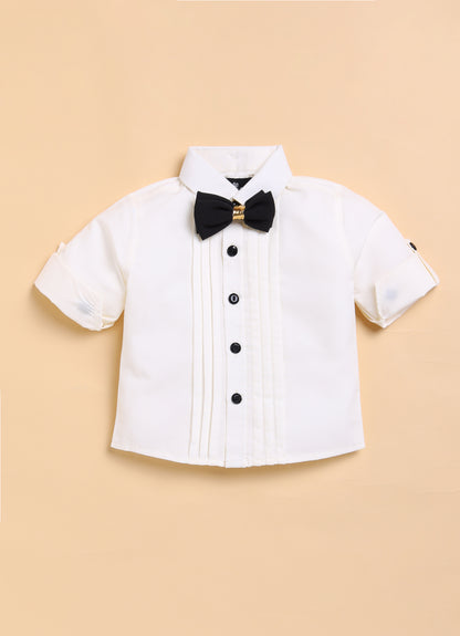 Jaquard Woven Full Sleeves Floral Waistcoat Pant with Shirt Bow and Brooch Jacket Set- Gold