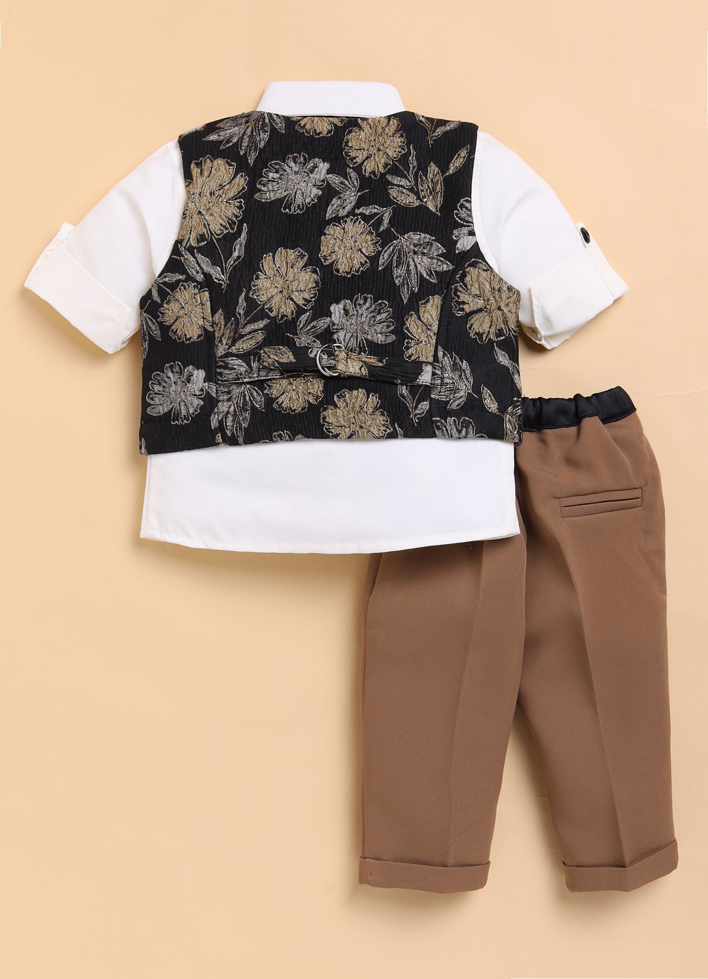 Jaquard Woven Full Sleeves Floral Waistcoat Pant with Shirt Bow and Brooch Jacket Set- Gold