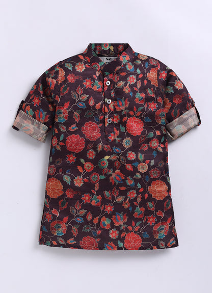 Silk Blend Woven Full Sleeves Festive Floral Ethnic Nehru Jacket Kurta and Pajama Set with Brooch - Wine