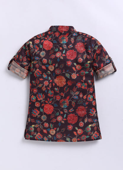 Silk Blend Woven Full Sleeves Festive Floral Ethnic Nehru Jacket Kurta and Pajama Set with Brooch - Wine