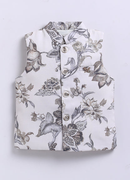 Silk Blend  Woven Full Sleeves Floral and Stripes Printed Aesthetic Ethnic Jacket Kurta Pajama Set - Cream