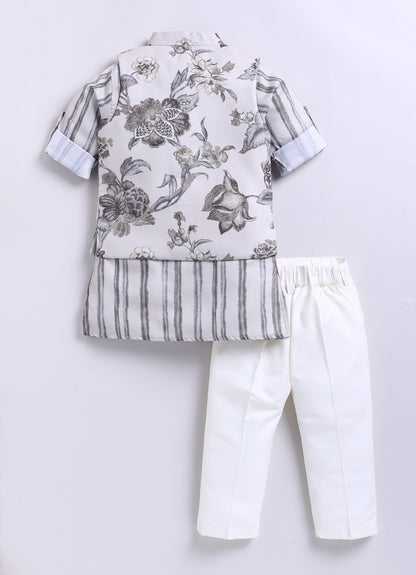 Silk Blend  Woven Full Sleeves Floral and Stripes Printed Aesthetic Ethnic Jacket Kurta Pajama Set - Cream