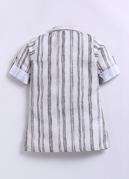 Silk Blend  Woven Full Sleeves Floral and Stripes Printed Aesthetic Ethnic Jacket Kurta Pajama Set - Cream