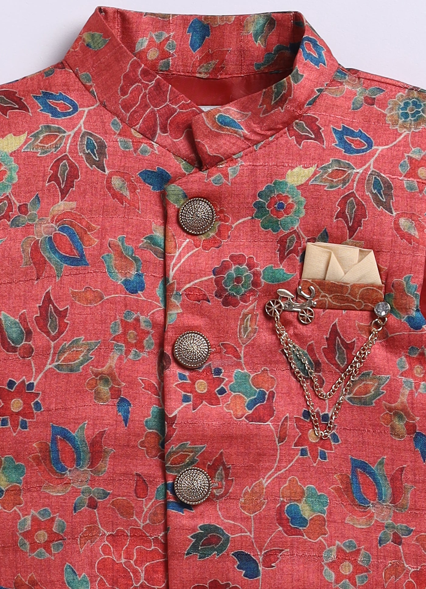 Silk Blend Woven Full Sleeves Festive Floral Ethnic Nehru Jacket Kurta and Pajama Set with Brooch - Rust