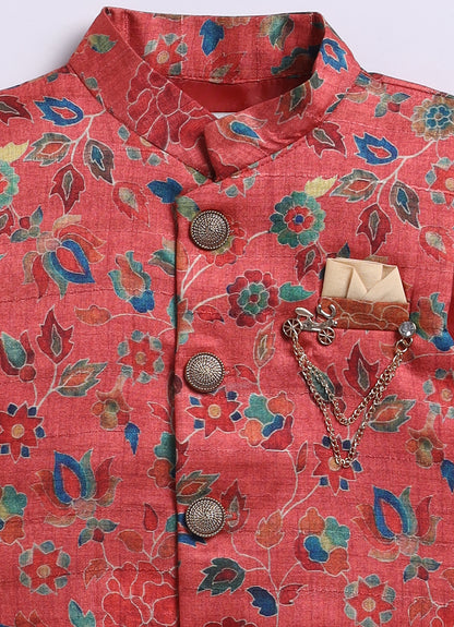 Silk Blend Woven Full Sleeves Festive Floral Ethnic Nehru Jacket Kurta and Pajama Set with Brooch - Rust