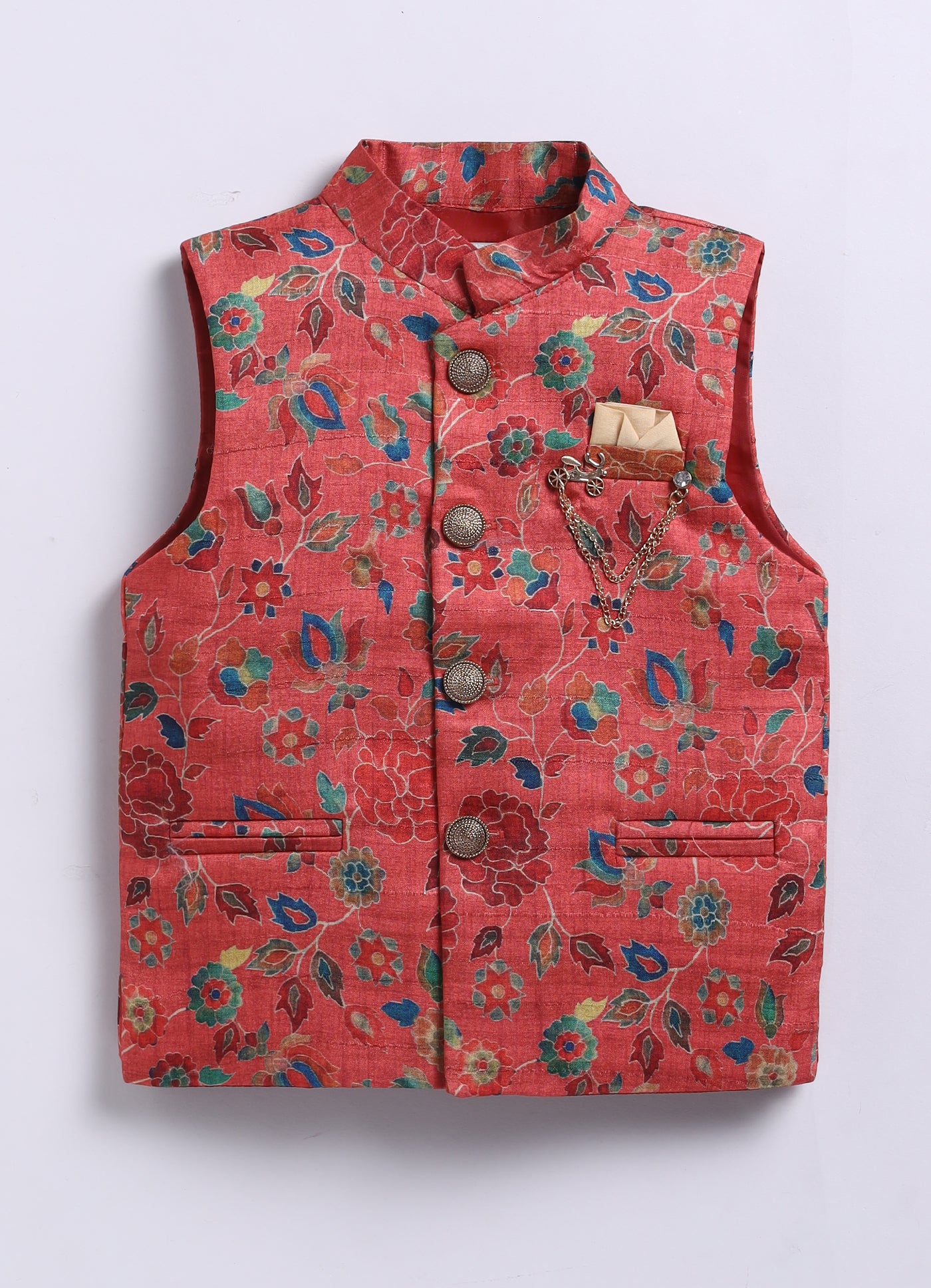 Silk Blend Woven Full Sleeves Festive Floral Ethnic Nehru Jacket Kurta and Pajama Set with Brooch - Rust