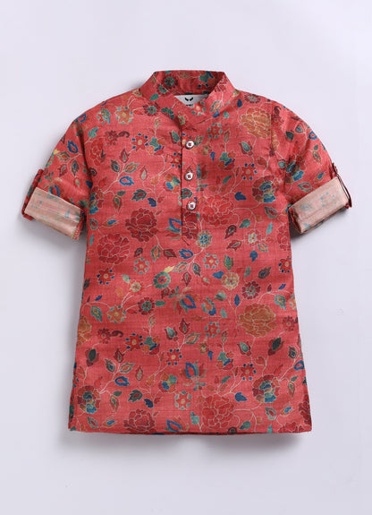 Silk Blend Woven Full Sleeves Festive Floral Ethnic Nehru Jacket Kurta and Pajama Set with Brooch - Rust