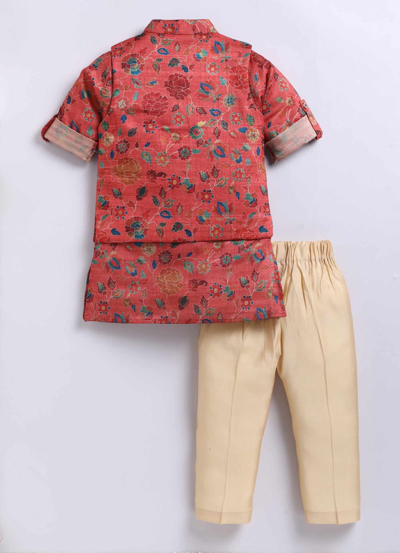 Silk Blend Woven Full Sleeves Festive Floral Ethnic Nehru Jacket Kurta and Pajama Set with Brooch - Rust