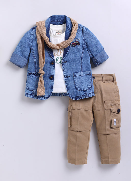Super Handsome Full Sleeves Denim Coat with Cotton Trousers, Half Sleeves Tshirt and Stole- Khaki