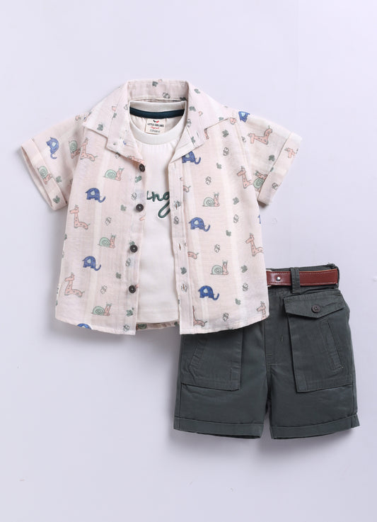 Casual Pure Organic Muslin Cotton Printed Half Sleeves Shirt Half Pant Tshirt Belt Set - Green