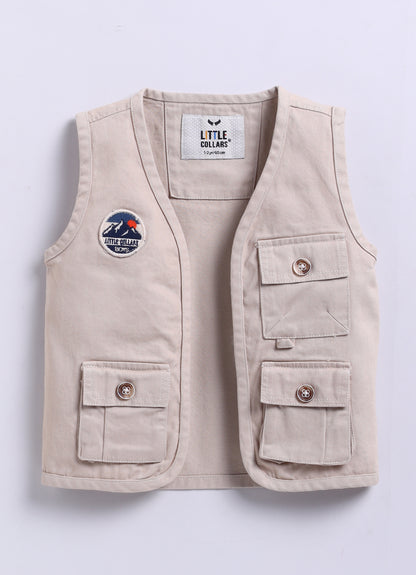 Casual Cotton Multi Pocket Cargo Sleeveless Gilet Jacket Half Sleeves Tshirt  Half Pant Co-ord Set - Beige