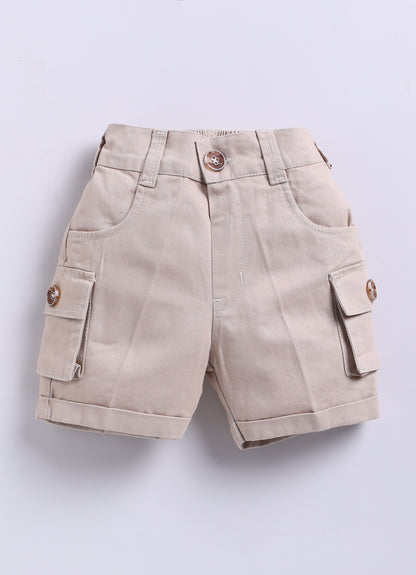 Casual Cotton Multi Pocket Cargo Sleeveless Gilet Jacket Half Sleeves Tshirt  Half Pant Co-ord Set - Beige