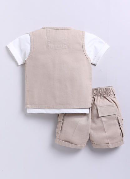 Casual Cotton Multi Pocket Cargo Sleeveless Gilet Jacket Half Sleeves Tshirt  Half Pant Co-ord Set - Beige