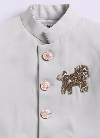 Terry Full Sleeves Lion Embroidered 3 Piece Party Suit Set- Beige
