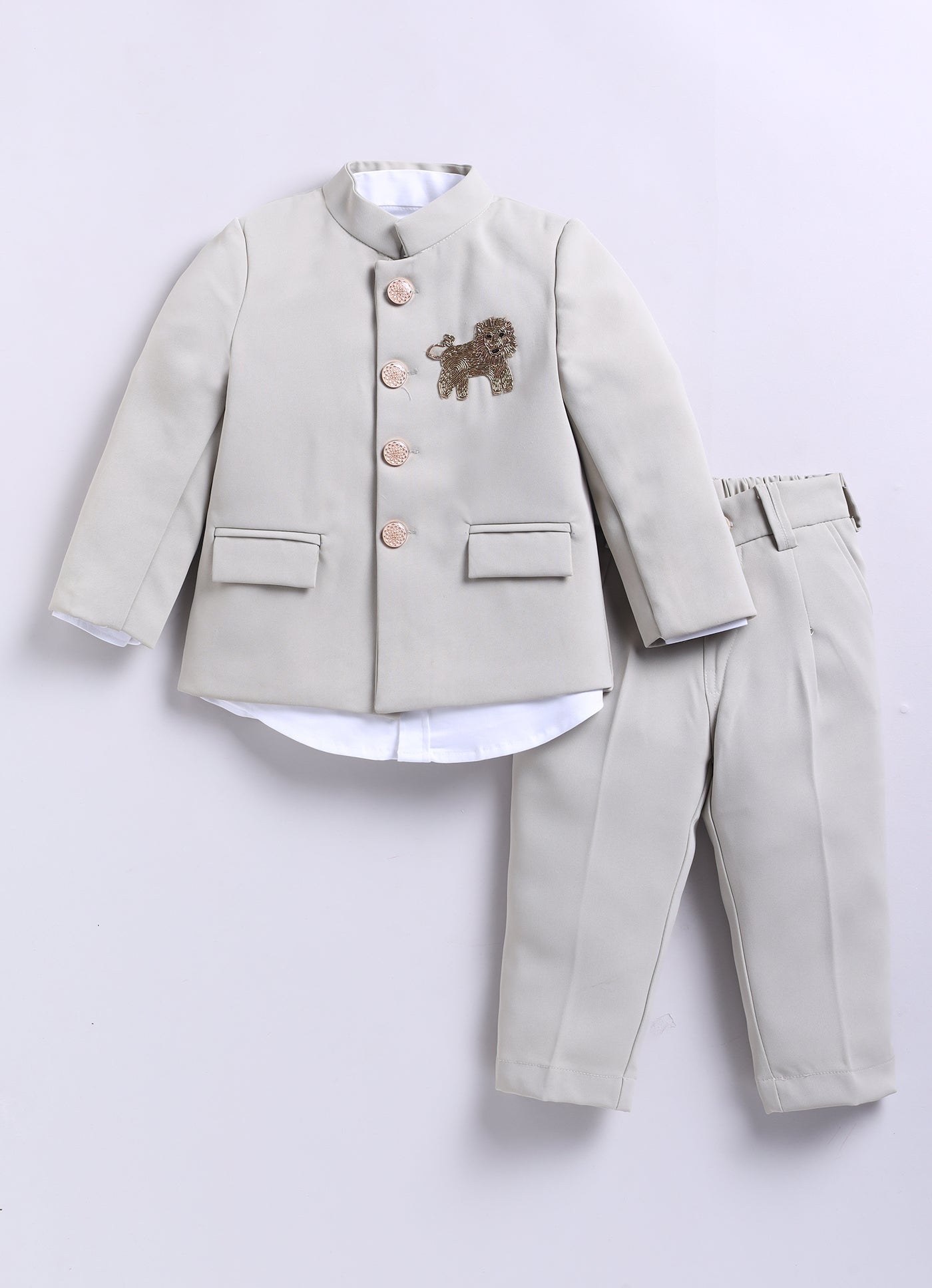 Terry Full Sleeves Lion Embroidered 3 Piece Party Suit Set- Beige