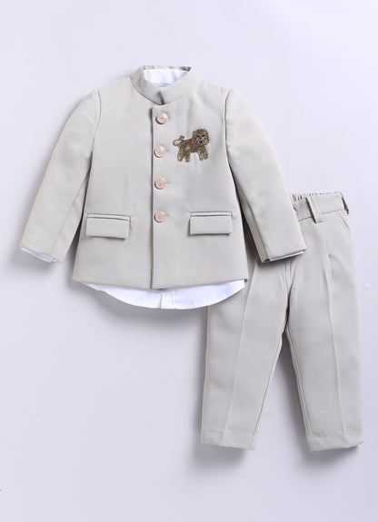 Terry Full Sleeves Lion Embroidered 3 Piece Party Suit Set- Beige