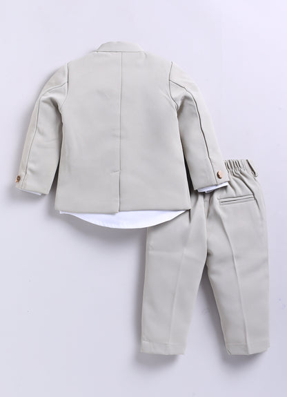 Terry Full Sleeves Lion Embroidered 3 Piece Party Suit Set- Beige