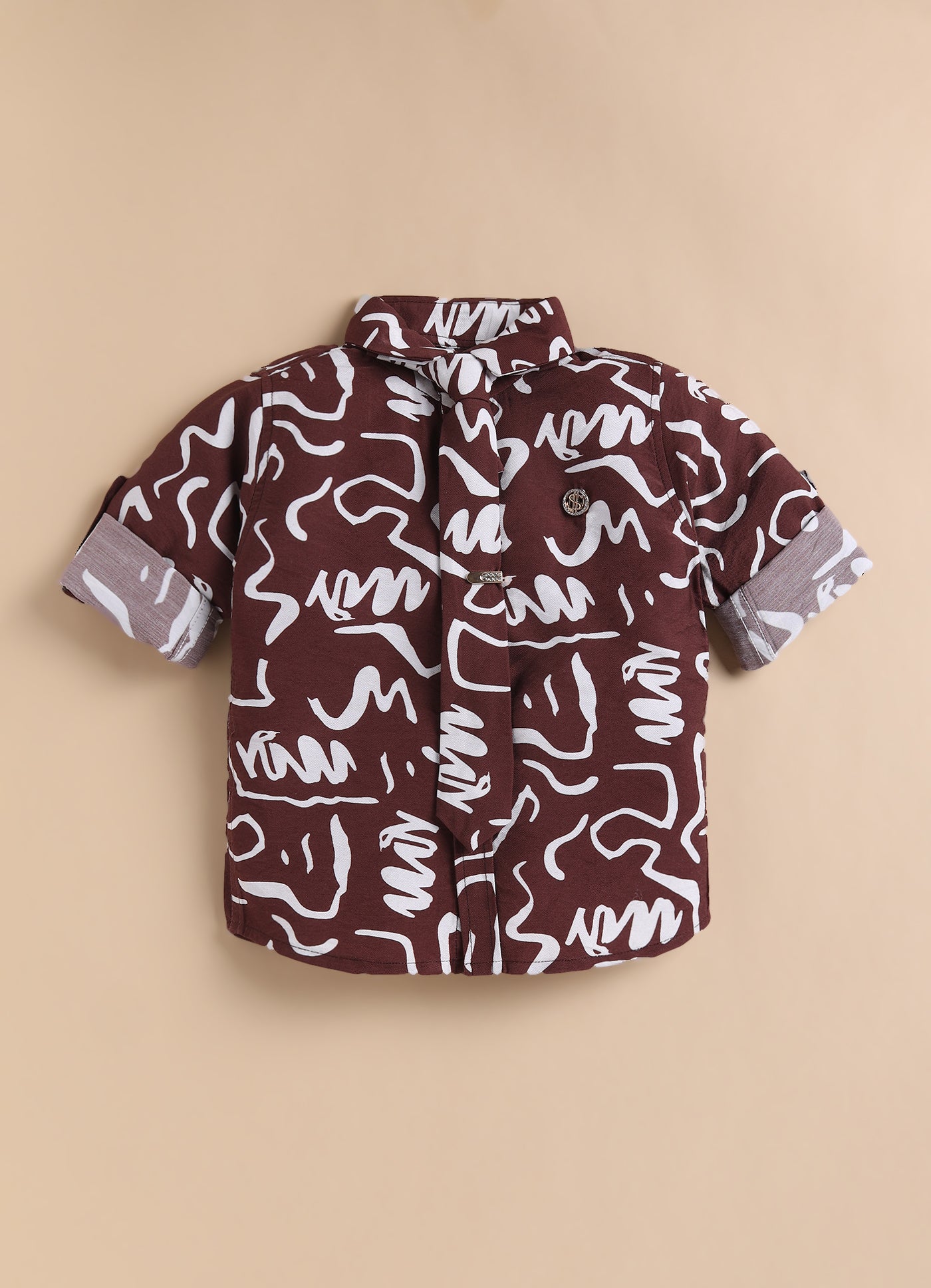 Poly Nylon Woven Full Sleeves Abstract Shirt Pant with Tie and Tie Pin Set- Wine