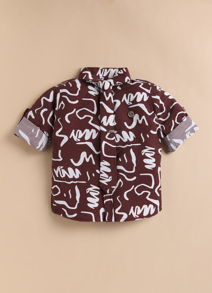 Poly Nylon Woven Full Sleeves Abstract Shirt Pant with Tie and Tie Pin Set- Wine