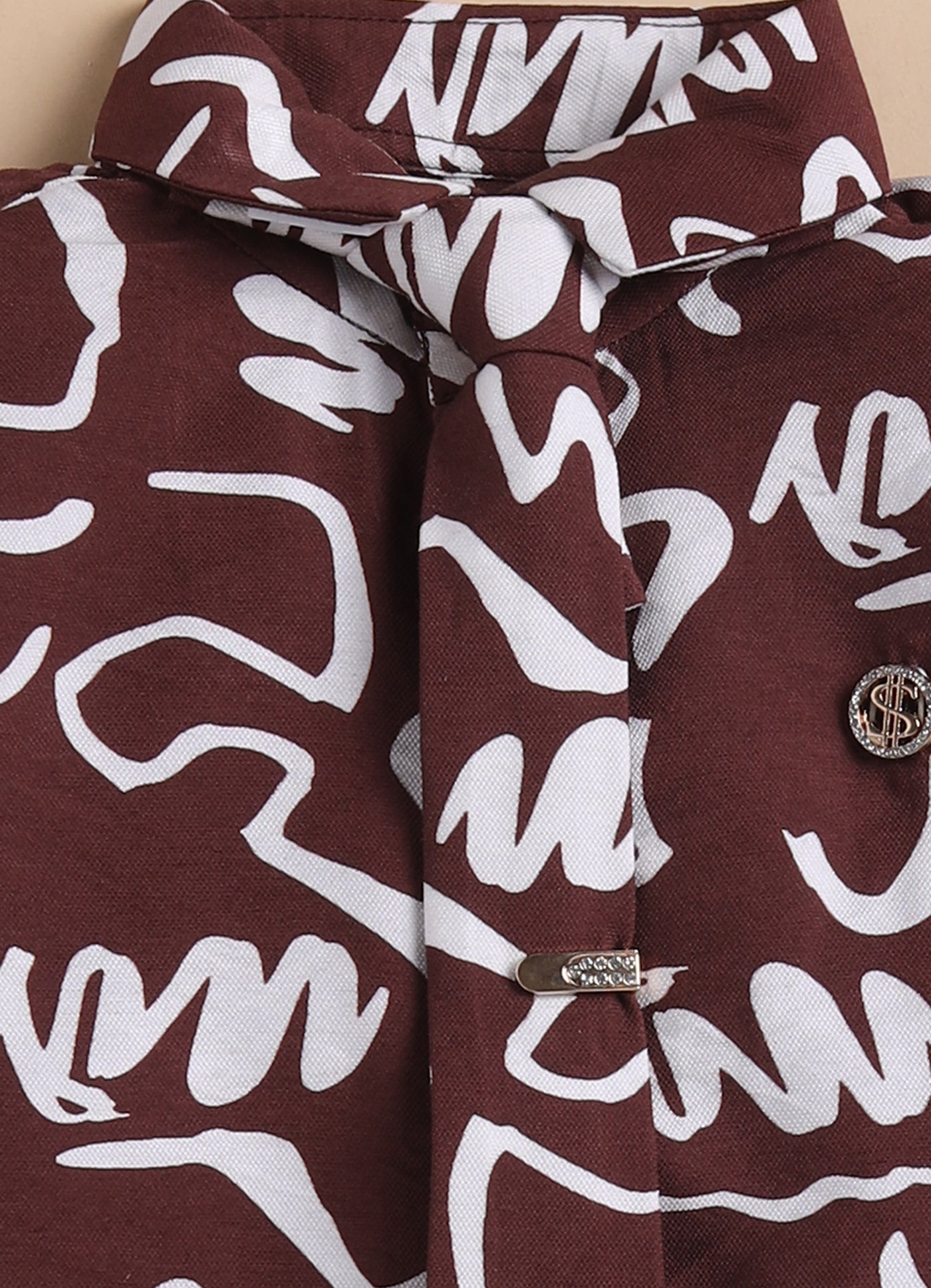 Poly Nylon Woven Full Sleeves Abstract Shirt Pant with Tie and Tie Pin Set- Wine