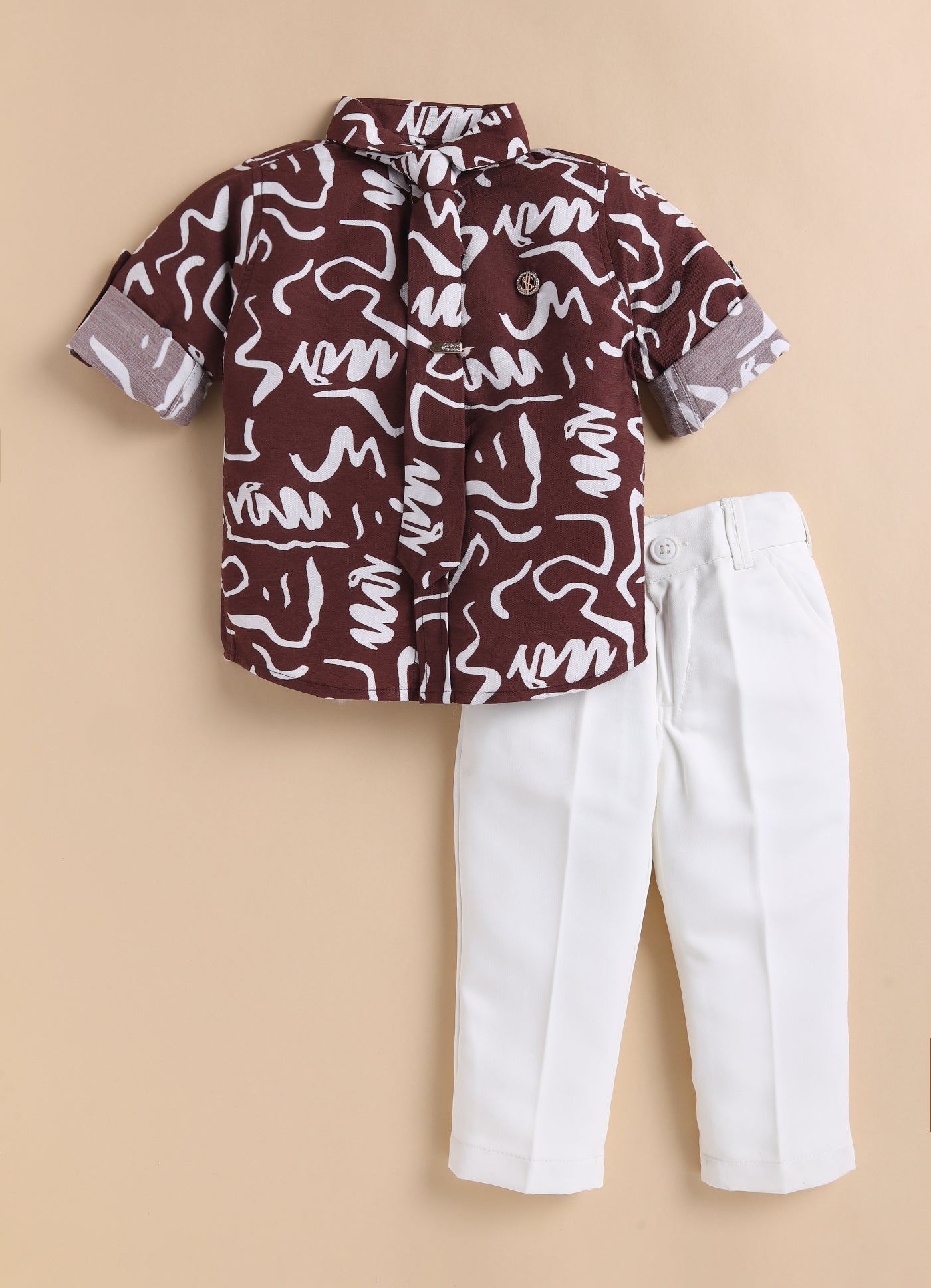 Poly Nylon Woven Full Sleeves Abstract Shirt Pant with Tie and Tie Pin Set- Wine