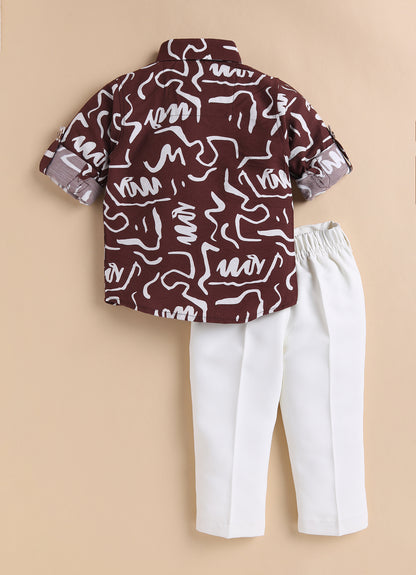 Poly Nylon Woven Full Sleeves Abstract Shirt Pant with Tie and Tie Pin Set- Wine