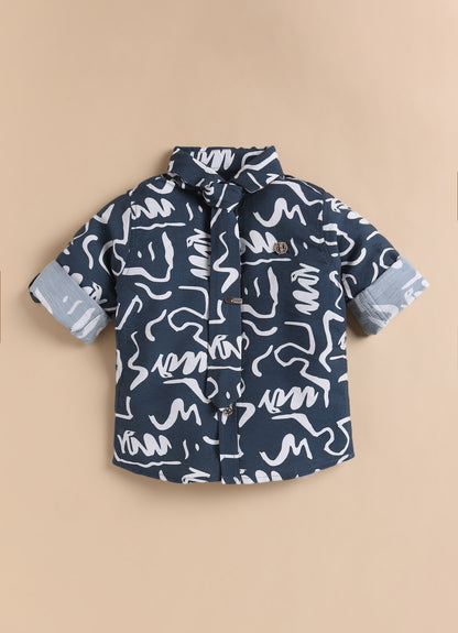 Poly Nylon Woven Full Sleeves Abstract Shirt Pant with Tie and Tie Pin Set- Blue