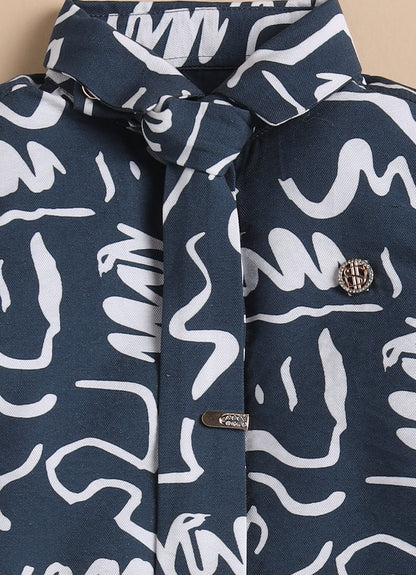 Poly Nylon Woven Full Sleeves Abstract Shirt Pant with Tie and Tie Pin Set- Blue
