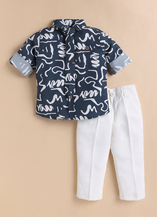 Poly Nylon Woven Full Sleeves Abstract Shirt Pant with Tie and Tie Pin Set- Blue