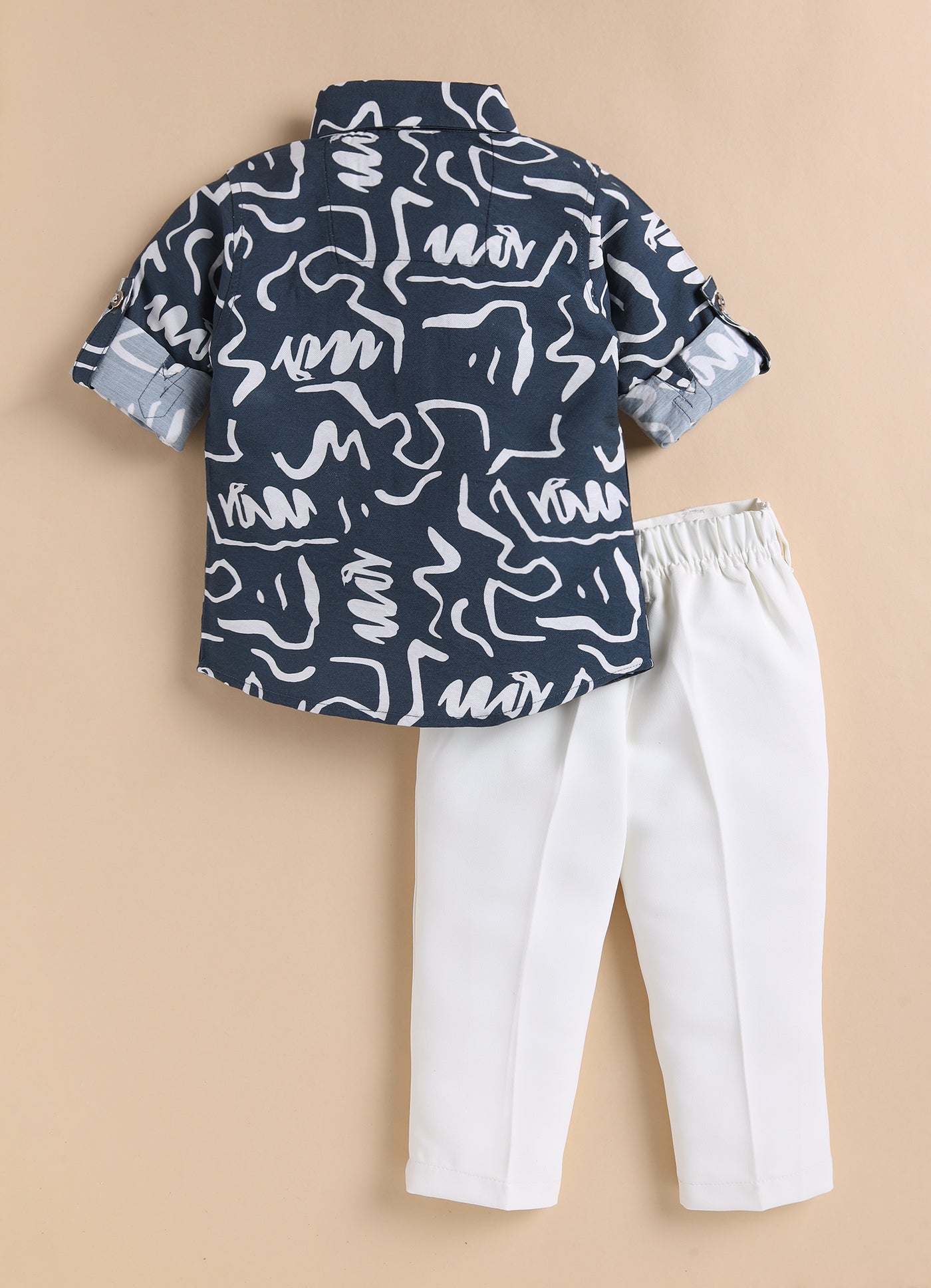 Poly Nylon Woven Full Sleeves Abstract Shirt Pant with Tie and Tie Pin Set- Blue