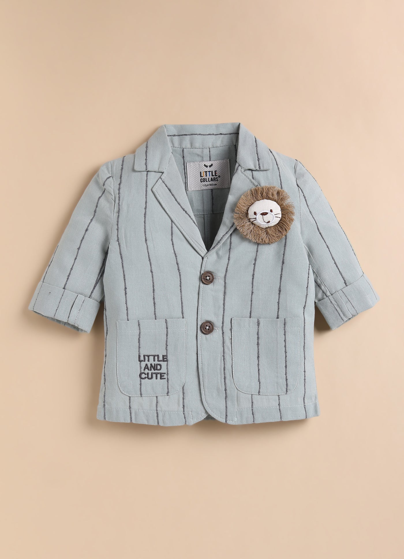 Boys Full Sleeves Cotton Striped Lion Coat Pant Shirt and Bow Coat Set- Green