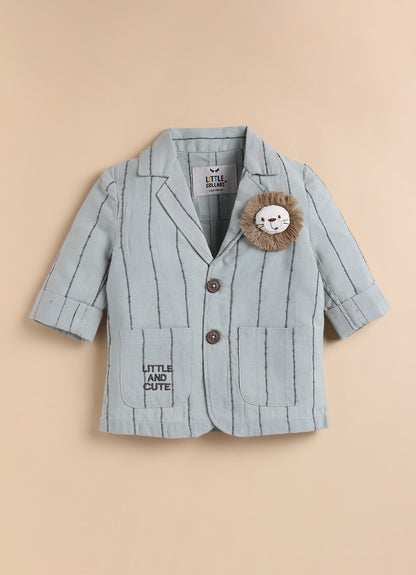 Boys Full Sleeves Cotton Striped Lion Coat Pant Shirt and Bow Coat Set- Green