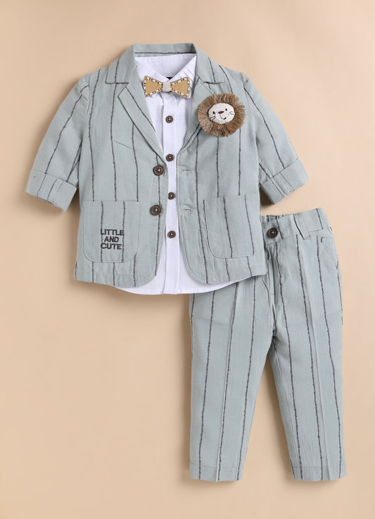 Boys Full Sleeves Cotton Striped Lion Coat Pant Shirt and Bow Coat Set- Green