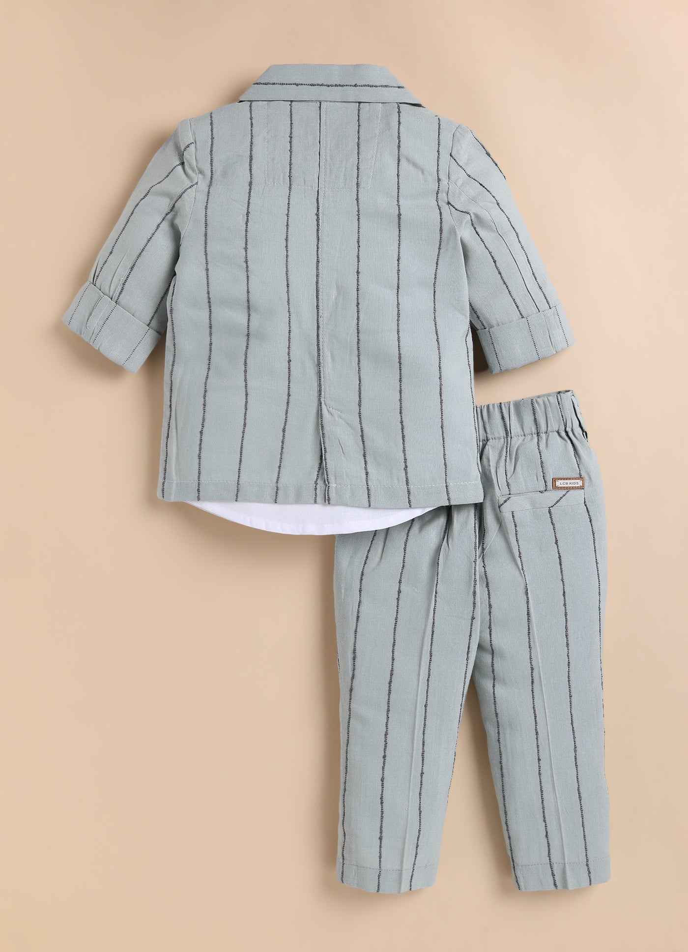 Boys Full Sleeves Cotton Striped Lion Coat Pant Shirt and Bow Coat Set- Green