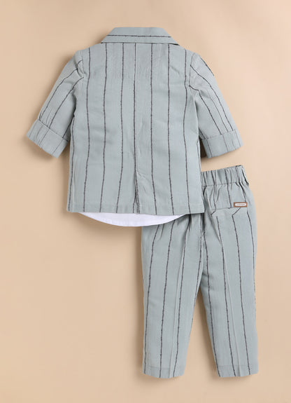 Boys Full Sleeves Cotton Striped Lion Coat Pant Shirt and Bow Coat Set- Green