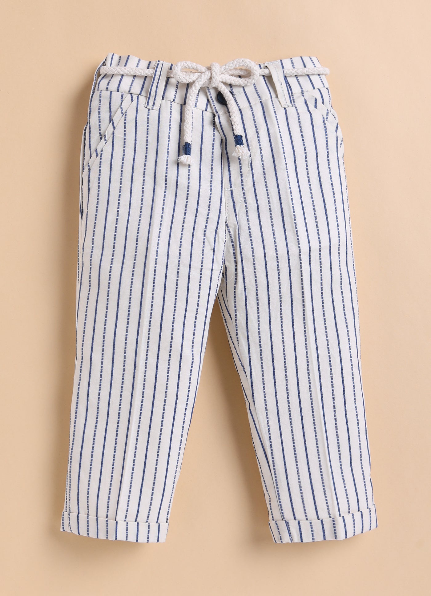 Boys Full Sleeves Cotton Striped Coat Pant Tshirt and Belt- Blue